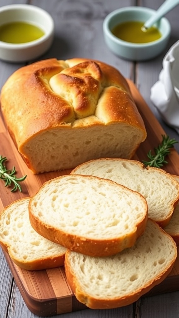 Sliced keto yogurt bread on a wooden cutting board with a golden crust and soft interior.